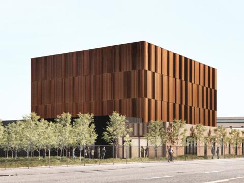 Architectural rendering of a building with a wood exterior.
